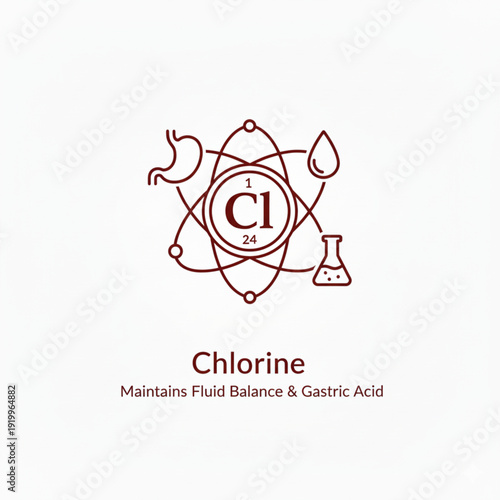 chlorine chemical element icon, essential trace mineral for human body, minimal line art vector style.