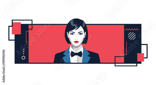 Stylized portrait of a sophisticated woman with short dark hair wearing a tuxedo and bowtie against a bold red and black graphic background.