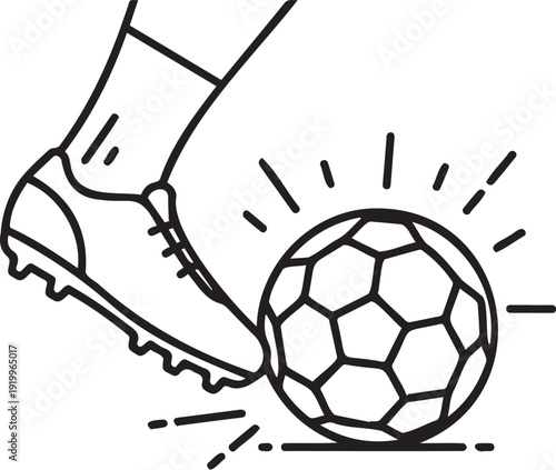Soccer player kicking a ball with foot in a simple line art illustration style