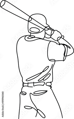Baseball player swinging bat line art illustration, athlete in action pose, sports movement sketch, minimal continuous line drawing, dynamic baseball concept