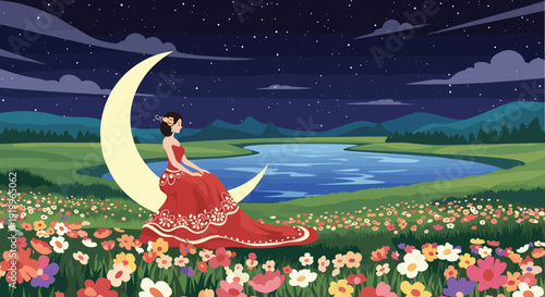 Romantic scene of a woman in a long red dress sitting on a large crescent moon over a peaceful lake and a field of colorful flowers at night.