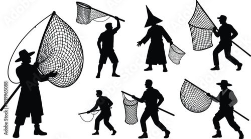 Black silhouettes of people holding fishing nets fishermen
