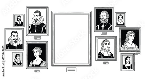 Wall in an art gallery featuring several historic black and white portraits in ornate frames surrounding a large central empty white canvas.