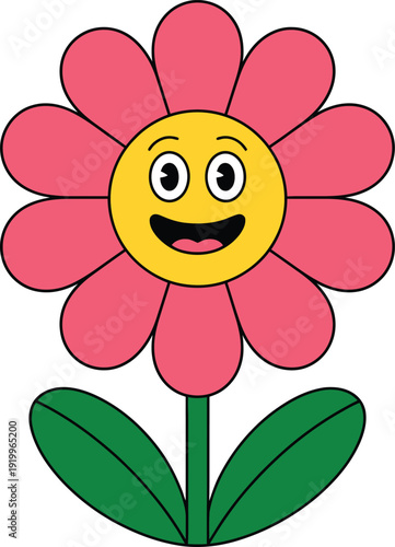 Cute smiling flower cartoon, happy daisy blossom character with face, spring botanical vector illustration