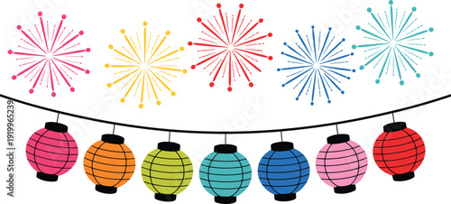 Colorful fireworks and hanging paper lanterns illustration, festive celebration decoration set, bright holiday party elements, cheerful event background vector