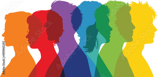 Colorful overlapping human profile silhouettes illustration representing diversity, inclusion, identity, community, equality, and multicultural society concept in modern flat vector style