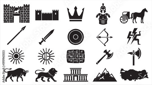 Ancient Hittite civilization icon set featuring cuneiform tablets and Anatolian architecture