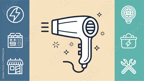 Stylized hair dryer icon, bold vector graphic, modern appliance design.