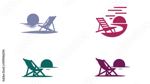 A beach chair silhouette icon illustration with a vibrant sunset
