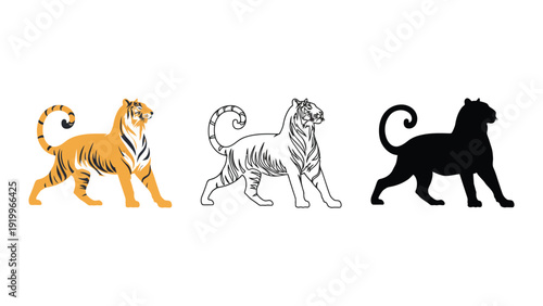 Tiger vector illustrations in various styles and colors walking forward