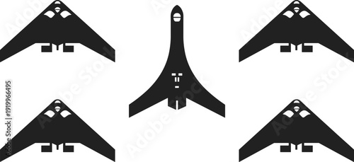 Stealth bomber and military aircraft silhouettes, black vector aviation illustration isolated on white background modern air force technology icon set