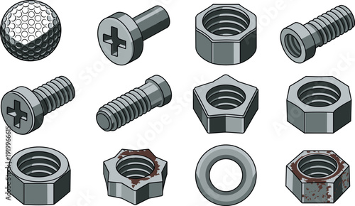 Mechanical fasteners illustration vector set, screws nuts bolts washers and metal parts, industrial hardware collection, detailed flat cartoon design isolated on white