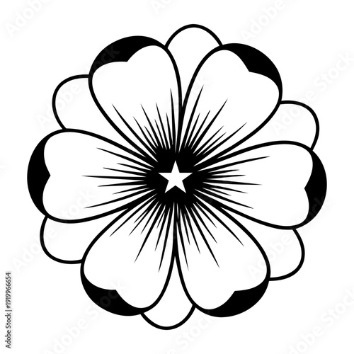 Three black silhouette five-petal flowers on a white background, simple floral design elements.