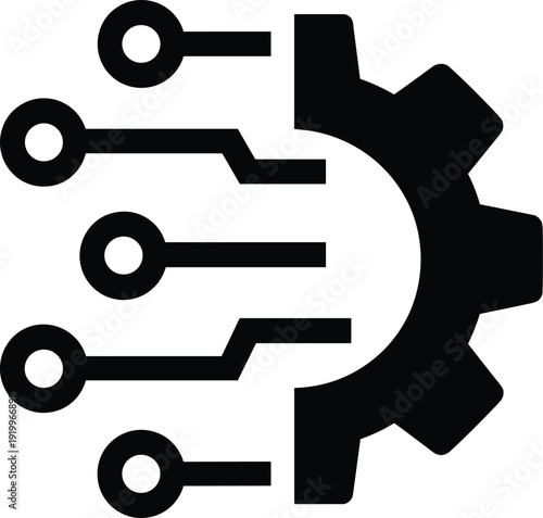 Technology gear and circuit icon silhouette, digital engineering black vector illustration isolated on white background innovation automation symbol design
