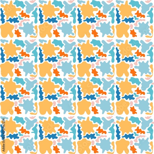 Seamless abstract organic pattern with colorful playful shapes in blue, yellow, orange, and pastel tones, modern decorative background perfect for textiles, packaging, stationery, wallpaper, and creat