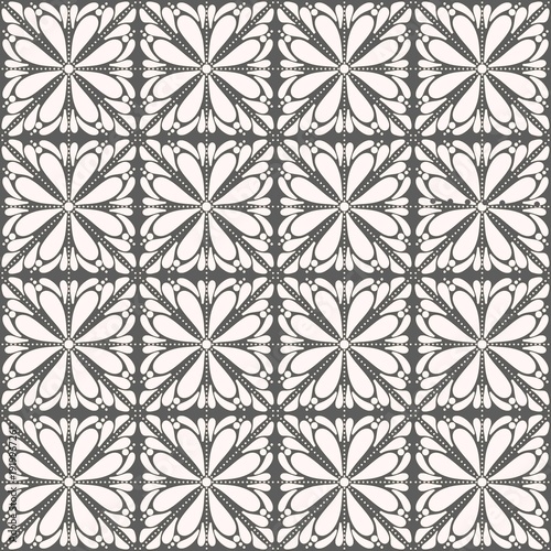Seamless floral geometric pattern in neutral gray and white, modern decorative background ideal for wallpaper, textiles, packaging, stationery, and surface pattern design.
