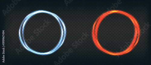 Glowing blue and red circle frame, animated moving LED ring projection onto screen, abstract presentation background with empty space, futuristic laser backdrop