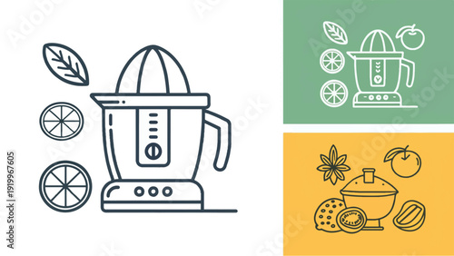 Clean vector illustration of a silver juicer with transparent pitcher, minimalist flat design on a white background.