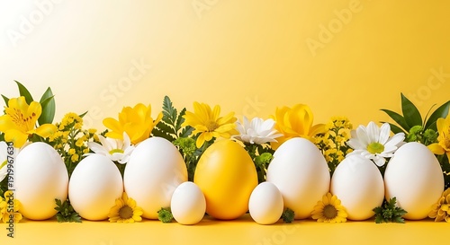 Easter eggs and flowers on yellow background