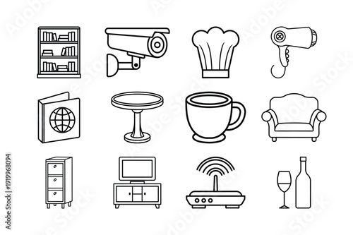 Minimalist Household Furniture and Office Lifestyle Line Art Icon Set - Scalable and Editable Vector Illustration
