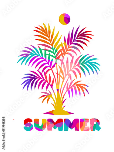 Summer colorful palm tree object . Hand drawn. Not AI, vector illustration.