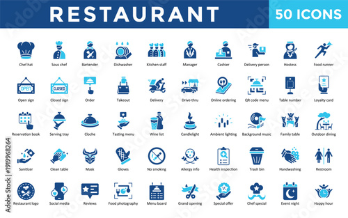 Restaurant icons set with chef hat, sous chef, bartender, dishwasher, kitchen staff, manager, cashier, delivery person, hostess, food runner icon. Simple flat vector 
