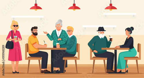 people cafe, friends talking, drinking coffee, social gathering