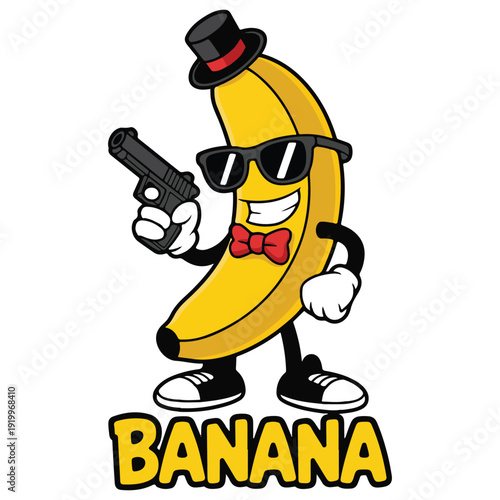 A cheerful cartoon banana character dressed as a gangster with a hat, sunglasses, and a red bowtie, holding a gun, with bold yellow text spelling 