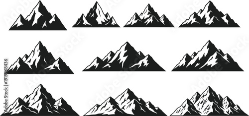 Mountain range silhouettes, alpine peak vector, snow capped illustration, outdoor landscape graphic, nature adventure icon, flat vector illustration, flavector