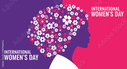 Vibrant international women's day celebration featuring a profile silhouette of a woman with an afro hairstyle composed of colorful flowers symbolizing growth and diversity
