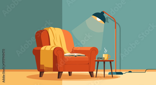 Cozy armchair bathed in warm light from a floor lamp with a book and steaming mug on a side table creating a peaceful reading nook atmosphere flat vector illustration