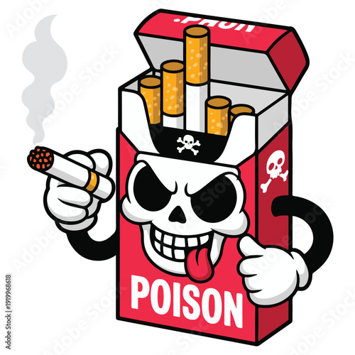 A cartoon cat skull with exaggerated holds a cigarette pack labeled poison with smoking cigarettes inside, featuring a dark and edgy style with bold colors and humorous