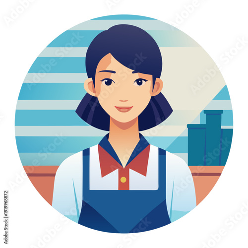 Smiling woman with short black hair, wearing blue apron, standing against striped background with bottles in circular icon illustration