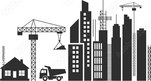 Flat vector cityscape under construction, crane, dump truck, urban development illustration