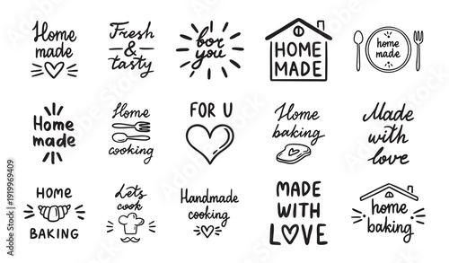 Home cooking, home baking or made with love, old style kitchen lettering, food and cooking set. Home made doodle simple ink or pen outline emblems