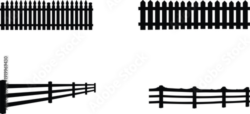 Four different types of fence silhouette illustrations on a white background