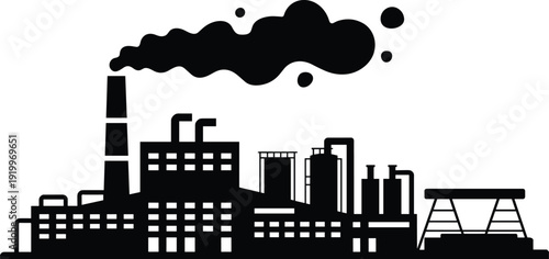 Industrial factory silhouette, pollution smoke vector illustration, flat vector design