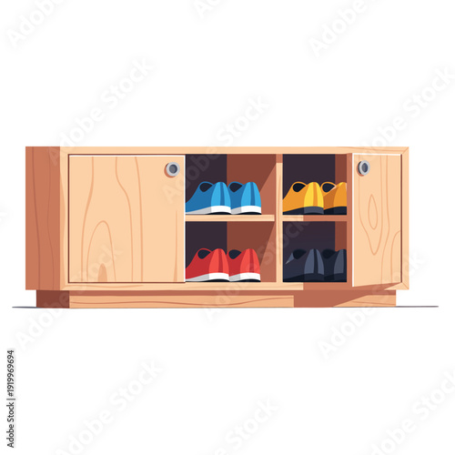Wooden shoe storage cabinet with sliding doors and four compartments displaying colorful sneakers on white background