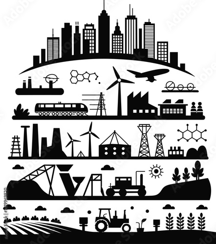 Urban infrastructure silhouette, science energy agriculture vector illustration, flat vector