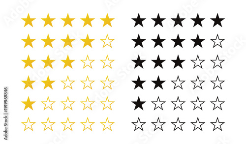 Star rate icons vector set. Star rate flat yellow and black style.
