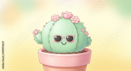 Cute Cartoon Cactus Wearing Sunglasses in Pink Flower Pot