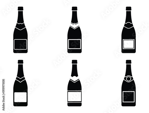 Champagne bottle icon set silhouette on white background featuring sparkling wine bottles, celebration symbols, party and festive concepts, and clean flat vector illustration