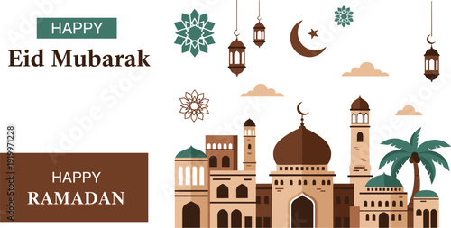 Happy Ramadan and Eid Mubarak Greeting Banner, Earth Tone Islamic Cityscape with Mosque Architecture Lanterns and Palm Tree Vector