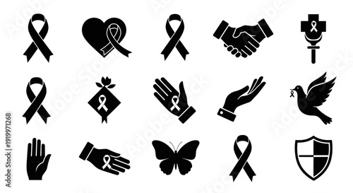 Collection of black awareness ribbons and symbolic icons for social causes.