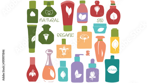 Cosmetics vector illustration of various colorful organic and natural products