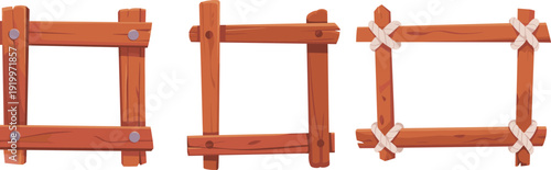 Cartoon wooden frame set with rustic plank borders and rope tied corners, empty game UI panels isolated on white background