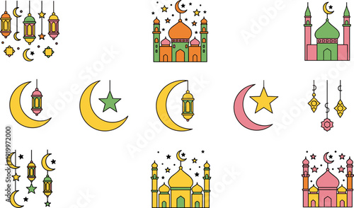 Hand Drawn Islamic Doodle Element Collection, Ramadan Kareem and Eid Mubarak Decorative Vector with Mosque, Lantern, and Prayer Rug