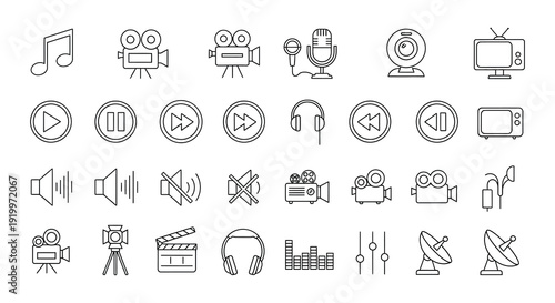 Collection of various black and white multimedia and audio icons