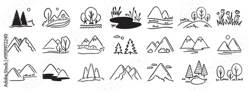 Mountains landscapes nature with pine forest, river, mount and hills doodle hand drawn icon set. Outline drawing rocky horizon environment line clipart symbol collection. 