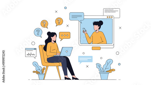 Professional woman sitting in a yellow chair uses a laptop for a video call with a colleague while question marks float around her.